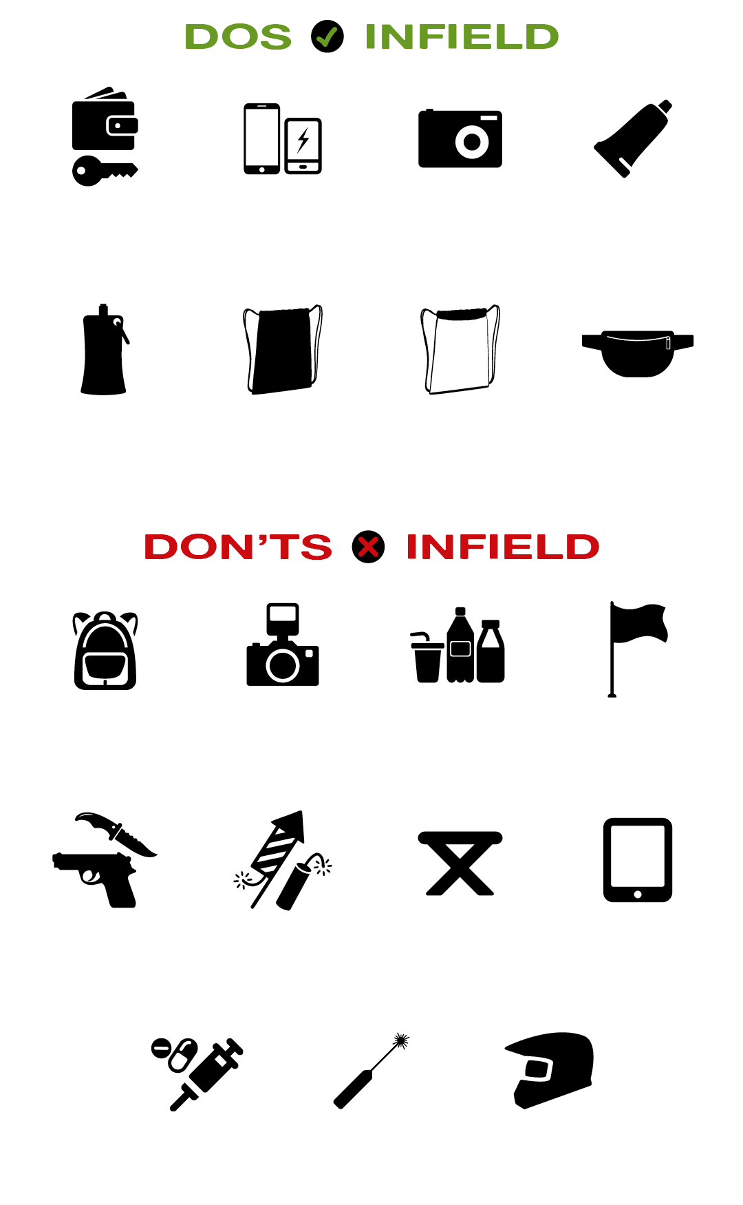 Dos & Don'ts Infield DE Rock am Ring Infield Do's and Don'ts: Kleine Taschen, Handys und Kameras erlaubt, große Rucksäcke, Getränke und Waffen verboten