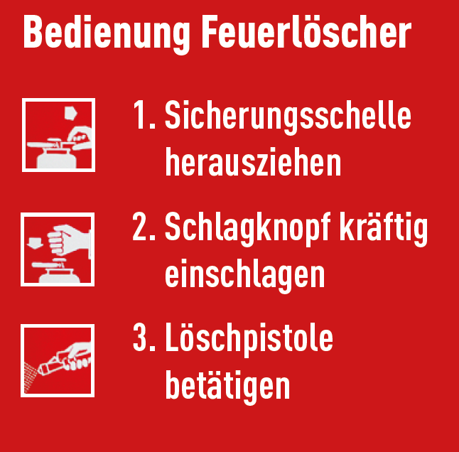 1. Sicherungsschelle herausziehen
2. Schlagknopf kräftig einschalgen
3. Löschpistole betätigen